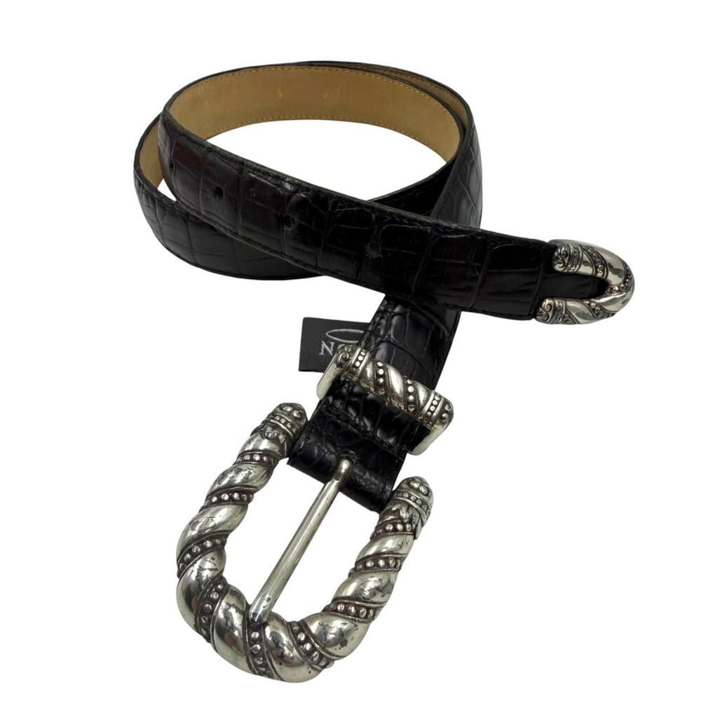 Brighton Vintage 90s Black Croc Leather Western Belt Silver Buckle Size 30 M